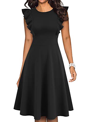 YATHON Women's Vintage Ruffle Floral Flared A Line Swing Casual Cocktail Party Dresses (L, YT001-Black) - Image 1
