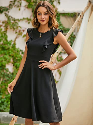 YATHON Women's Vintage Ruffle Floral Flared A Line Swing Casual Cocktail Party Dresses (L, YT001-Black) - Image 3