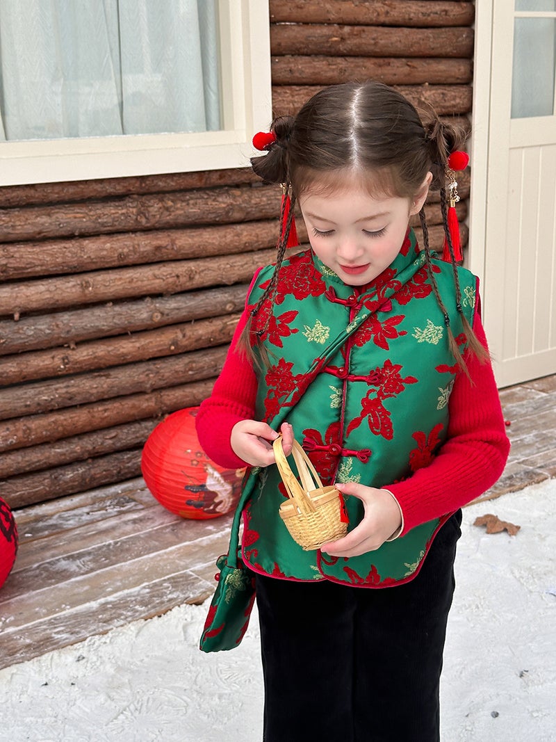 [Cotton Padded] Girls'' Quality Satin Chenille Jacquard Cheongsam Vest Winter New Chinese New Year''s Service Thickened Vest - Image 2