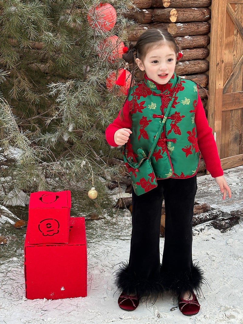 [Cotton Padded] Girls'' Quality Satin Chenille Jacquard Cheongsam Vest Winter New Chinese New Year''s Service Thickened Vest - Image 4