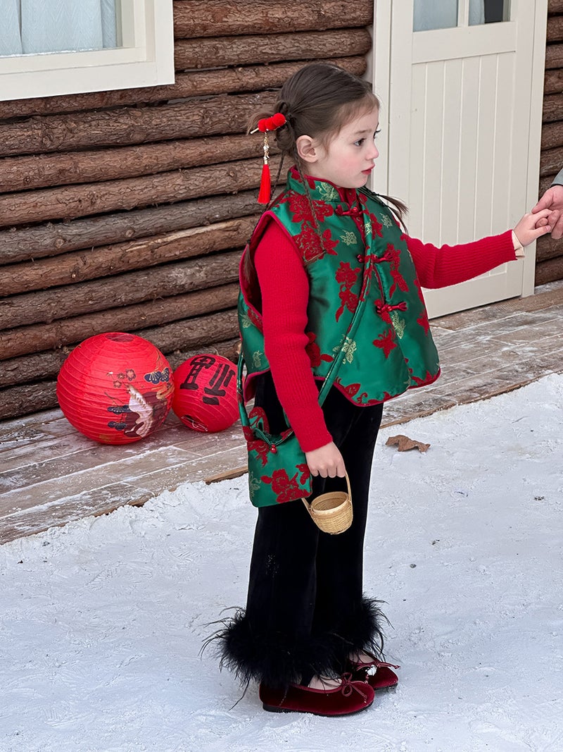 [Cotton Padded] Girls'' Quality Satin Chenille Jacquard Cheongsam Vest Winter New Chinese New Year''s Service Thickened Vest - Image 3