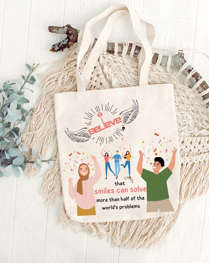 STRUTT Foldable Canvas Tote Bag for Women, Tote Bag for College Girls,100% Organic Cotton Reusable Shopping Bag for Grocery, Eco-Friendly Multi-Purpose Bag for Travel & Daily Use- in Smiles - Image 5