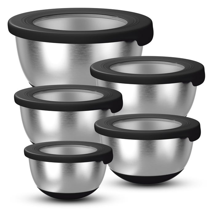 STAINLESS STEEL MIXING BOWLS WITH LIDS SET OF 5 LARGE NESTING METAL BOWLS FOR KITCHEN BAKING COOKING FOOD PREP STORAGE NONSLIP BASE DISHWASHER SAFEBLACK