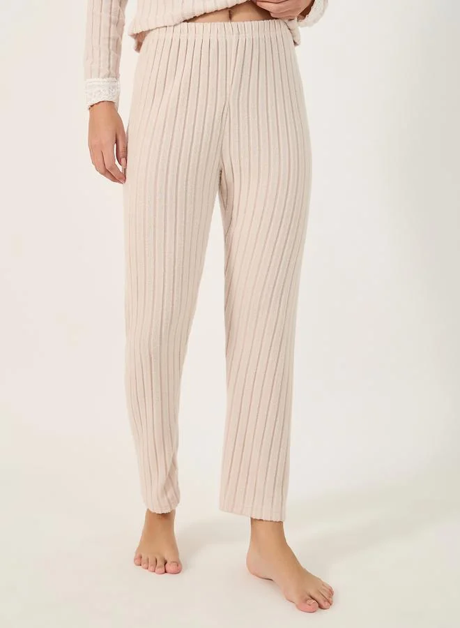Styli Ribbed Brushed Lace Trim Top and Pyjama Pants Set