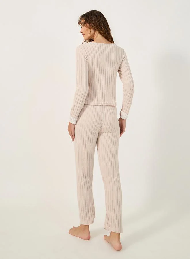 Styli Ribbed Brushed Lace Trim Top and Pyjama Pants Set