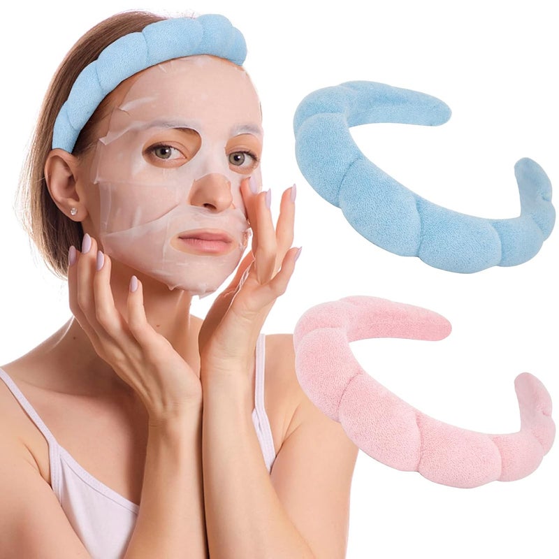 AMCAMI 2PCS Mimi and Co Spa Headband for Women Sponge Headbands for Girls Terry Towel Cloth Fabric Head Band for Face Washing Skincare Makeup Removal Shower Hair Accessories PinkBlue