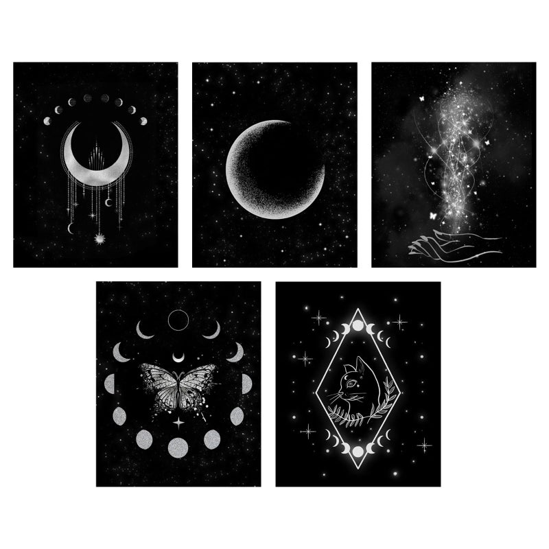 ORIGACH Moon Phases Wall Art Prints  Set of 5  Minimalist Boho Moon Phase Star Witch Wall Prints  Moon Stars Cat Celestial Witch Art Canvas Painting  Gothic Witchy Room Decor  Unframed 8x10in
