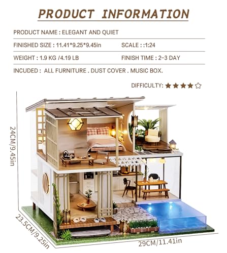 Spilay Dollhouse Miniature with Furniture,DIY Wooden Crafts Doll House Mini Handmade Kit,1:24 Scale Creative Room Idea Gift for Adult Friend Lover (Elegant and Quiet with dust Cover Music Box) - Image 2