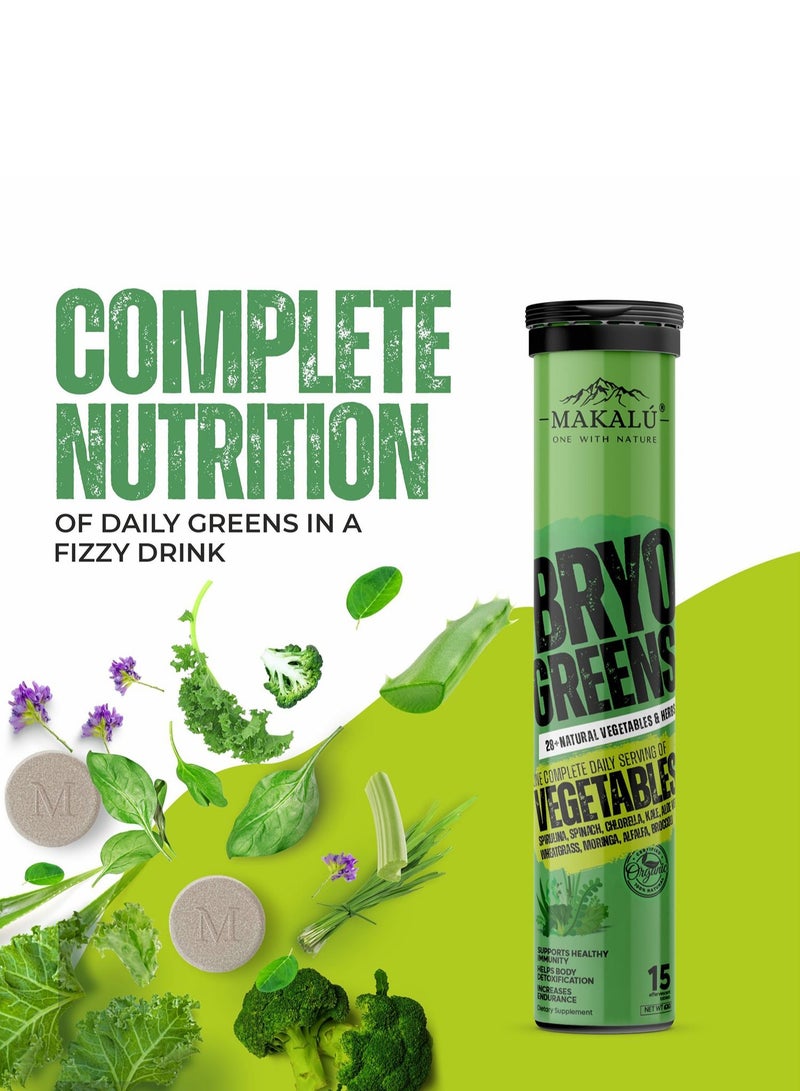 Makalu Bryogreens 28+ Organic Vegetables Dietary 15 Effervescent Tablets with 100% Organic Vegetables & Herbs|100% Vegan, Gluten Free, Sugar Free|Easy To Consume(PACK OF 1)