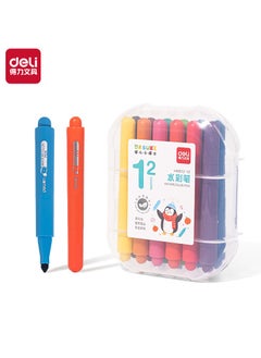 Deli Deli HM512-12 12-Color Washable Watercolor Pens – Single-Head Design, Triangular Barrel, Conical Tip, Non-Toxic Kids' Markers with Storage Case. 