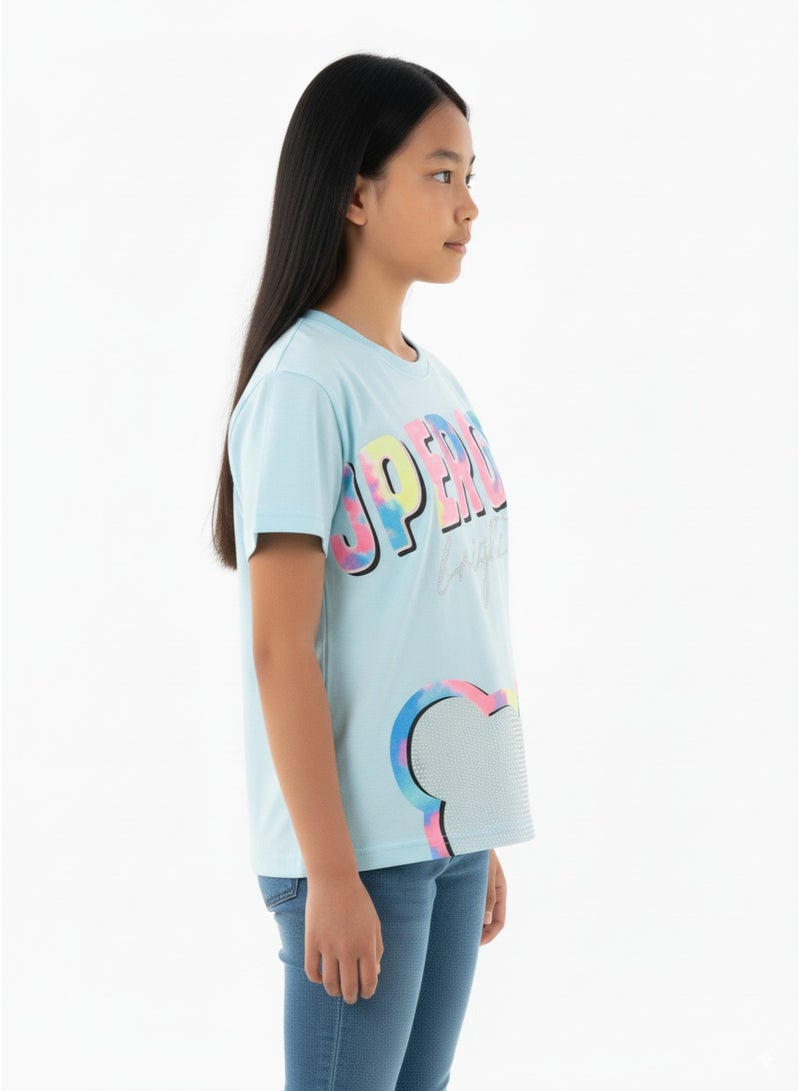 جوانا 22KY067B تيشيرت بناتي بأكمام قصيرة، ياقة دائرية، بطبعة Super Girl Brighter - لون خوخي - Image 2