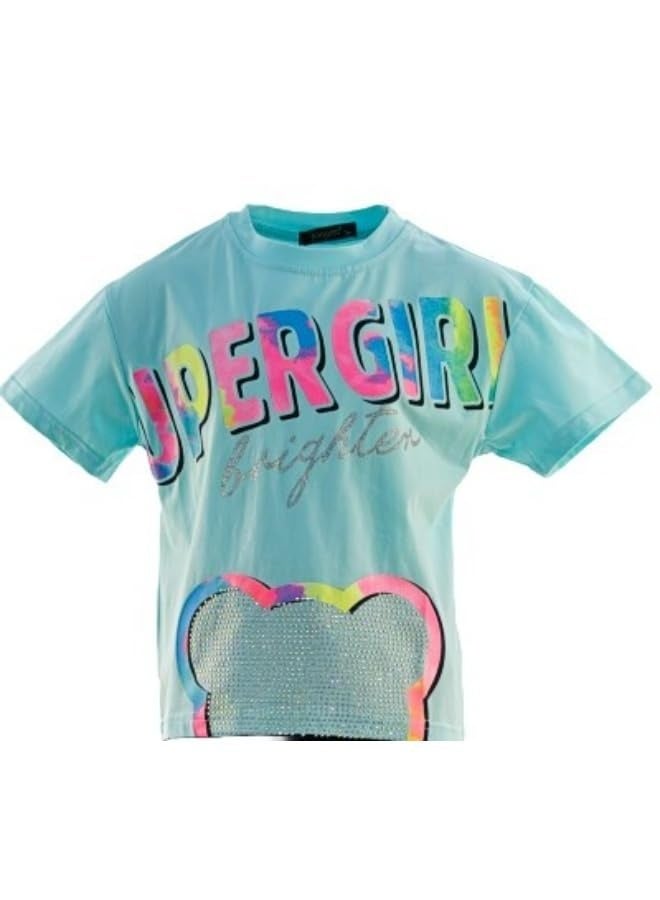 جوانا 22KY067B تيشيرت بناتي بأكمام قصيرة، ياقة دائرية، بطبعة Super Girl Brighter - لون خوخي - Image 4