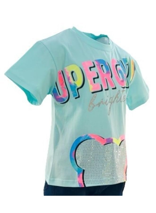 جوانا 22KY067B تيشيرت بناتي بأكمام قصيرة، ياقة دائرية، بطبعة Super Girl Brighter - لون خوخي - Image 5