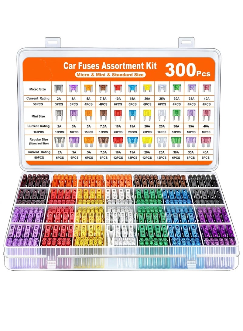 مجموعة فيوزات سيارات 300 قطعة، فيوزات شفرة صغيرة مع فيوزات قياسية وميكرو + أداة سحب، من 2 أمبير إلى 40 أمبير للسيارات والشاحنات والدراجات والقوارب - Image 1