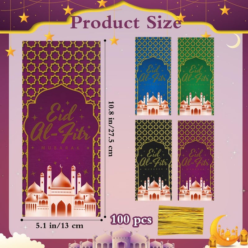 eowqeiur 100 PCS Eid Goodie Bags(5x11 Inch) with Ties for Candy Goodie Treat Snack Goody Cookie Small Gifts Wrap Ramadan Baggies Pouch Eid Mubarak Party Favors Supplies Decor - Image 2