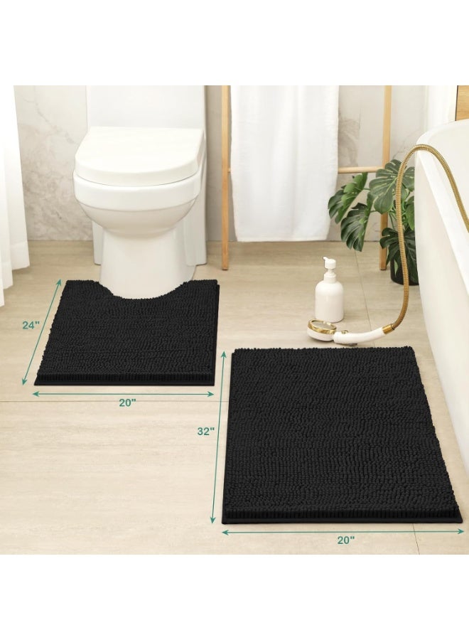 2 Pack Black Chenille Bathroom Rug Set, Ultra Soft Non Slip Absorbent Shaggy Bath Mats, Luxury Floor Mats for Shower, Tub & Toilet - Image 2