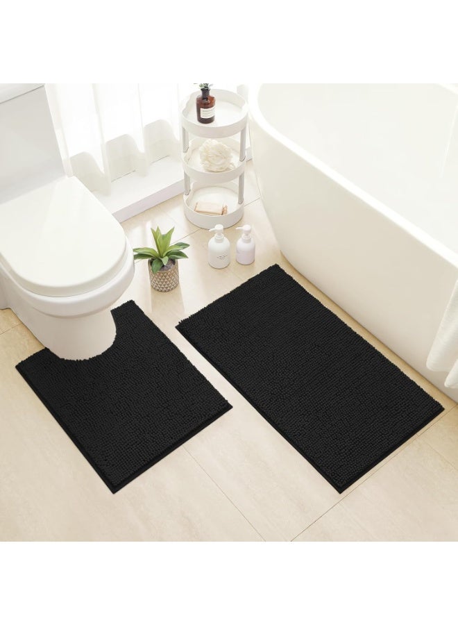 2 Pack Black Chenille Bathroom Rug Set, Ultra Soft Non Slip Absorbent Shaggy Bath Mats, Luxury Floor Mats for Shower, Tub & Toilet - Image 1