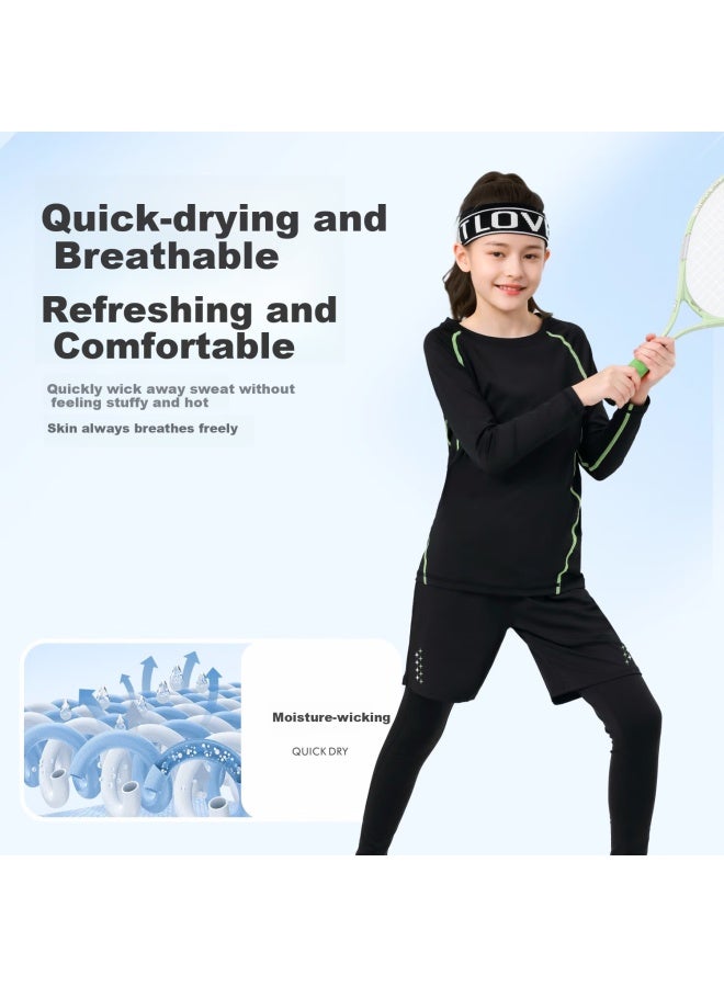 Fandimu Kids Sports Set Boys Girls Badminton Basketball Compression Base Layer Breathable High Elastic Morning Run Training Running Suit