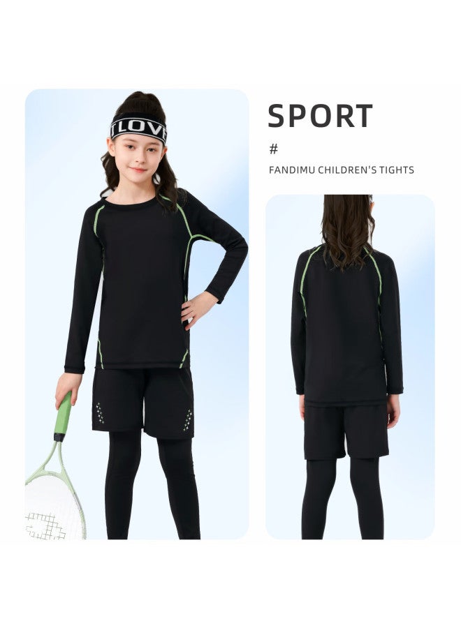 Fandimu Kids Sports Set Boys Girls Badminton Basketball Compression Base Layer Breathable High Elastic Morning Run Training Running Suit