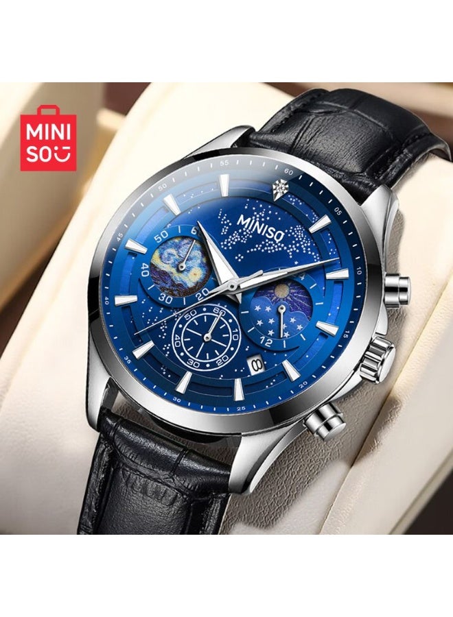 Miniso Men’s Fashion Quartz Watch Model 5533 – Blue Leather Strap, 30M Water Resistant, Classic Casual Design - Image 1