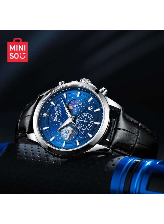 Miniso Men’s Fashion Quartz Watch Model 5533 – Blue Leather Strap, 30M Water Resistant, Classic Casual Design - Image 2