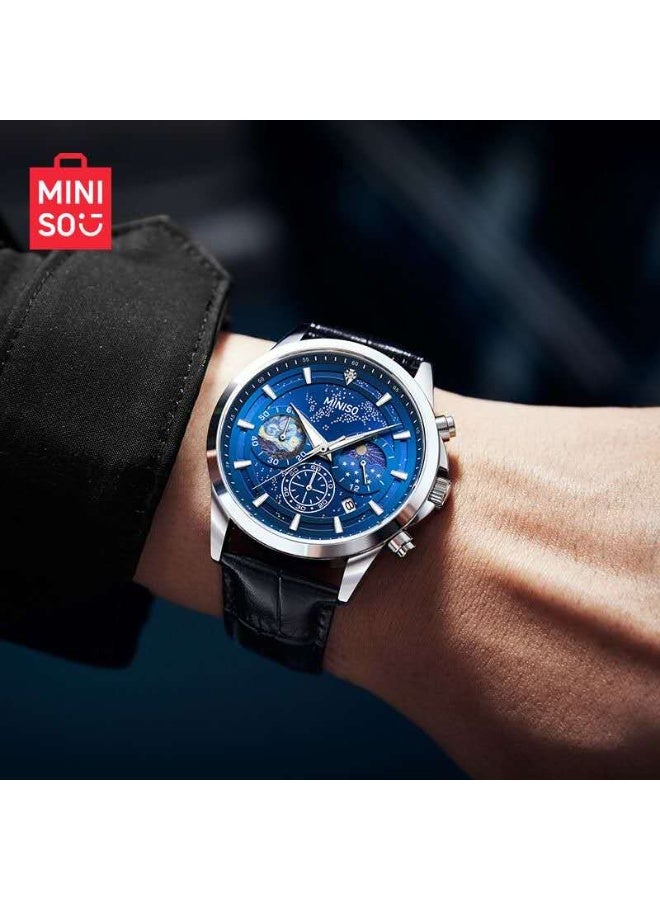 Miniso Men’s Fashion Quartz Watch Model 5533 – Blue Leather Strap, 30M Water Resistant, Classic Casual Design - Image 3