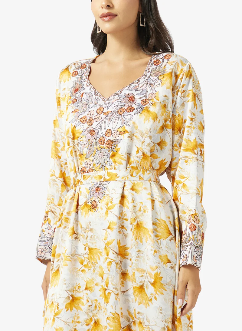 hayas closet  Floral Embroidery And Belt Jalabiya for Women | Best Price UAE
