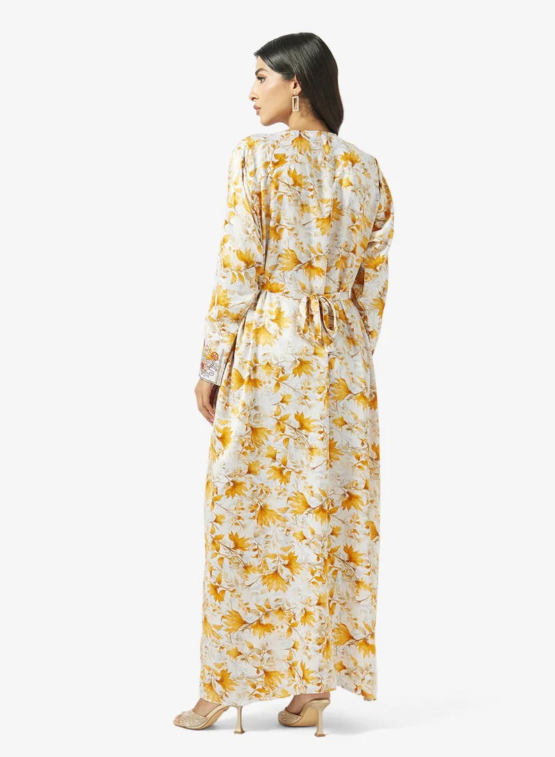 hayas closet  Floral Embroidery And Belt Jalabiya for Women | Best Price UAE