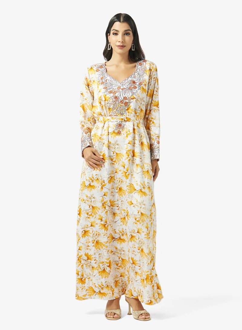 Floral Embroidery And Belt Jalabiya