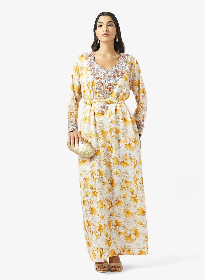 hayas closet  Floral Embroidery And Belt Jalabiya for Women | Best Price UAE