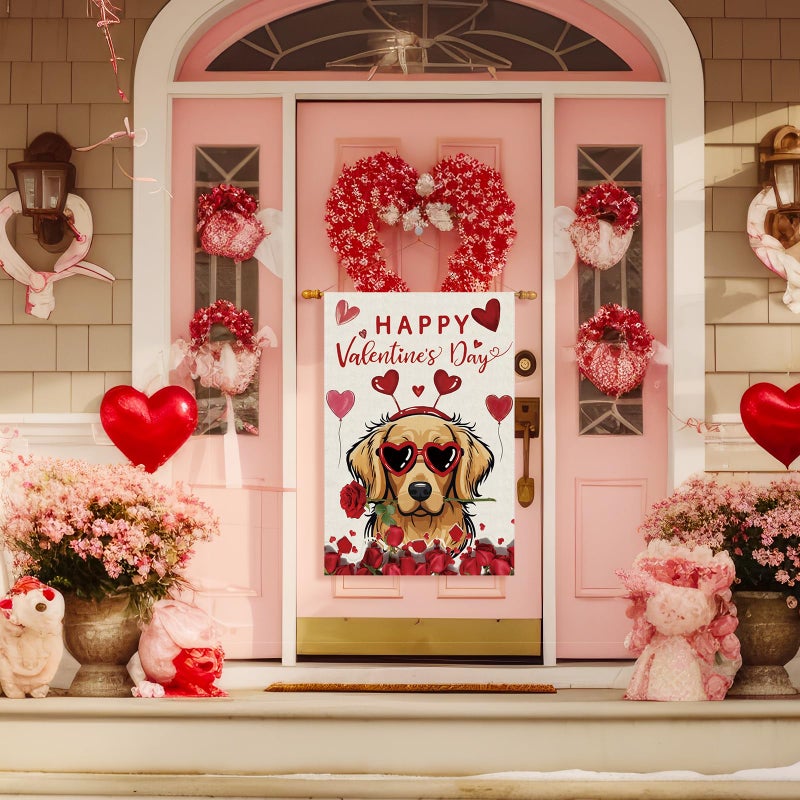 ZAEW Happy Valentineâ€™s Day Romantic Roses Love Hearts Balloon Dog House Flag Big Large Burlap 28X40 Inch Vertical Double Sided Outside Yard Holiday Outdoor Farmhouse Decoration - Image 2