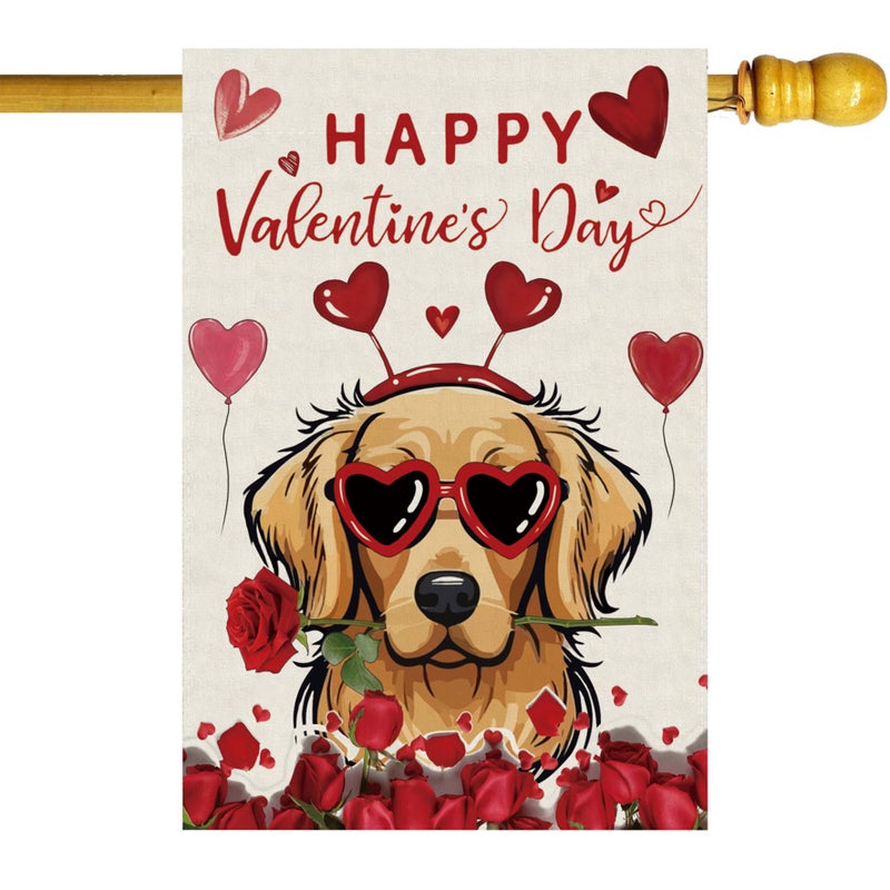 ZAEW Happy Valentineâ€™s Day Romantic Roses Love Hearts Balloon Dog House Flag Big Large Burlap 28X40 Inch Vertical Double Sided Outside Yard Holiday Outdoor Farmhouse Decoration - Image 1