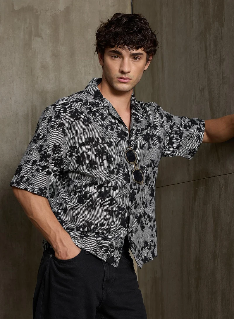 CAHOOT Cahoot Men's Black & White Floral Stripe Cotton Shirt