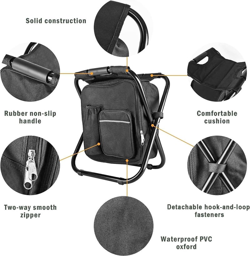 Kikerike Backpack Stool Cooler Chair Heavy Duty 300 LBS Max Load Portable Lightweight Folding Fishing Cooler for Camping Hunting Fishing - Black - Image 5