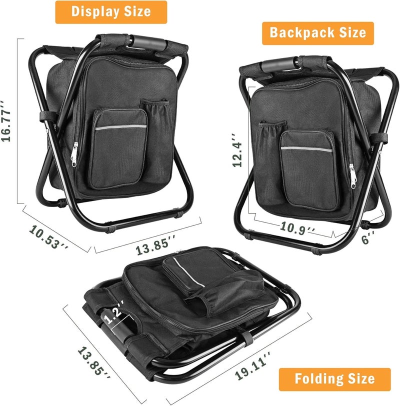 Kikerike Backpack Stool Cooler Chair Heavy Duty 300 LBS Max Load Portable Lightweight Folding Fishing Cooler for Camping Hunting Fishing - Black - Image 2