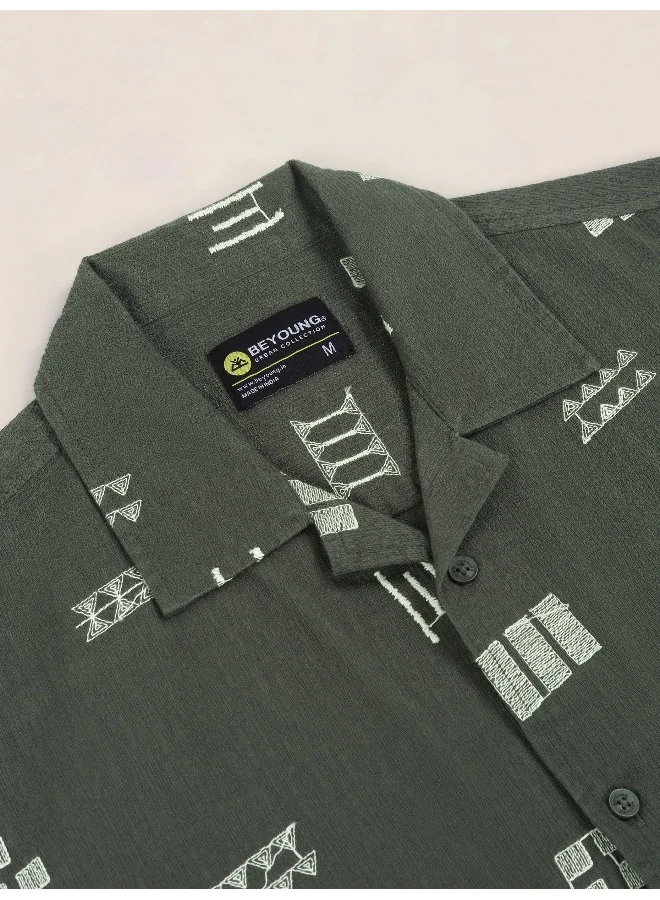 Beyoung Greyish Green Geometric Embroidered Half Sleeve Shirt