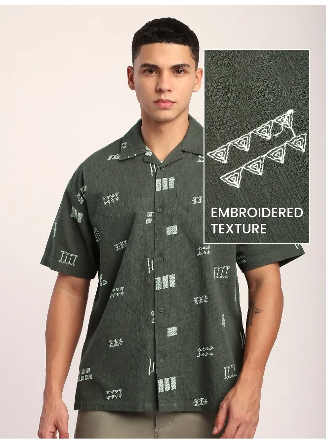 Beyoung Greyish Green Geometric Embroidered Half Sleeve Shirt