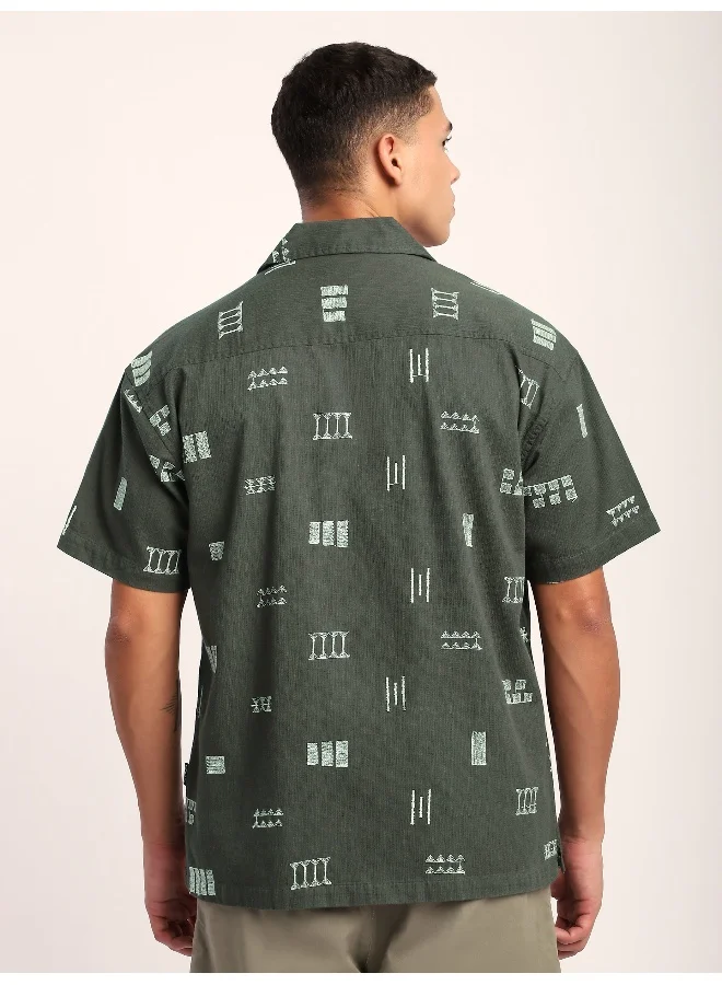 Beyoung Greyish Green Geometric Embroidered Half Sleeve Shirt