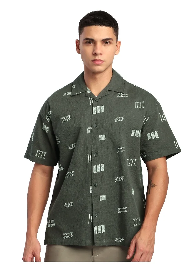 Beyoung Greyish Green Geometric Embroidered Half Sleeve Shirt
