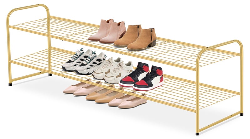 AOODA Long 2 Tier Shoe Rack for Closet Metal Wide Stackable Shoe Storage Organizer for Entryway Bedroom Floor 18Pairs Low Sneaker Shelf Golden