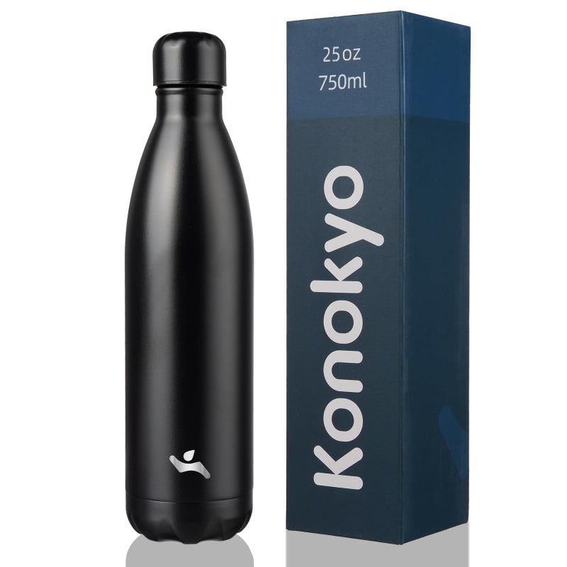 Konokyo Insulated Water Bottles,25 oz Double Wall Stainless Steel Vacumm Metal Flask for Sports Travel,Midnight Black - Image 1