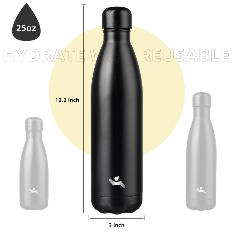Konokyo Insulated Water Bottles,25 oz Double Wall Stainless Steel Vacumm Metal Flask for Sports Travel,Midnight Black - Image 3