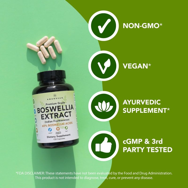 AMANDEAN مستخلص بوسويليا سيراتا من أمانديان 500 ملغ 120 كبسولة نباتية 65 أحماض بوسويلية مع أكبا لبان هندي مكمل مضاد للالتهابات دعم صحة المفاصل قد يختلف التعبئة والتغليف - Image 2