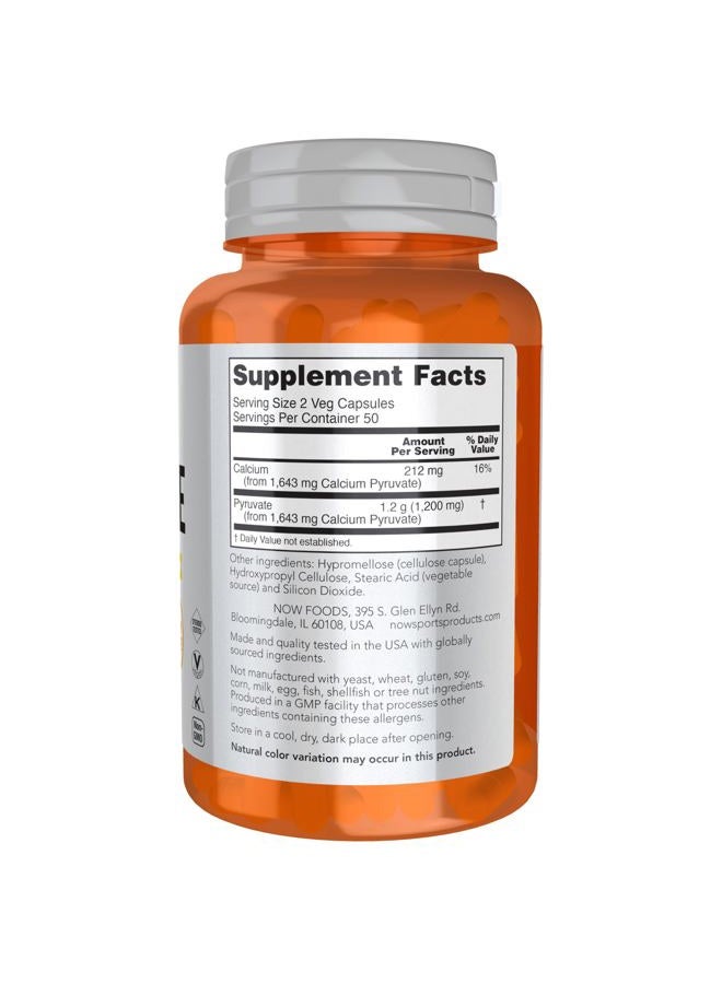 now Sports Nutrition, Pyruvate (Pyruvic Acid) 600 mg, Energy Production*, 100 Veg Capsules - Image 2