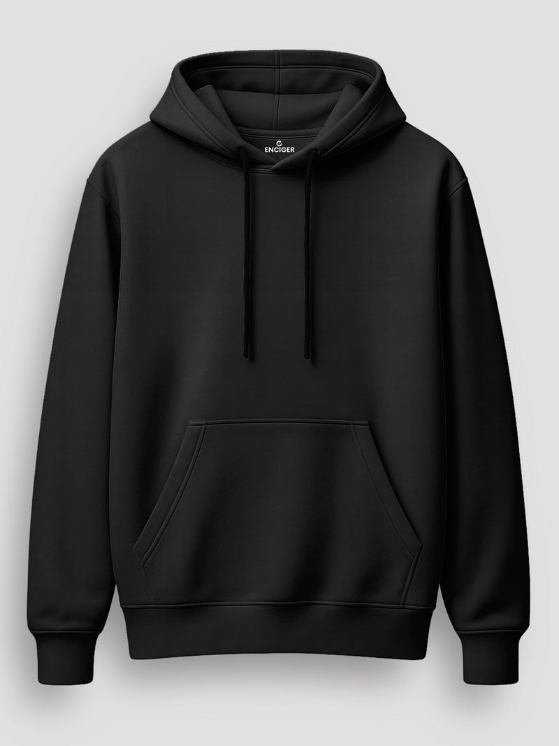 ENCIGER Men’s Solid Hoodie | 100% Cotton Fleece Warm Sweatshirt with Kangaroo Pocket & Adjustable Hood | Regular Fit Winter Wear for Men Black, L - Image 2