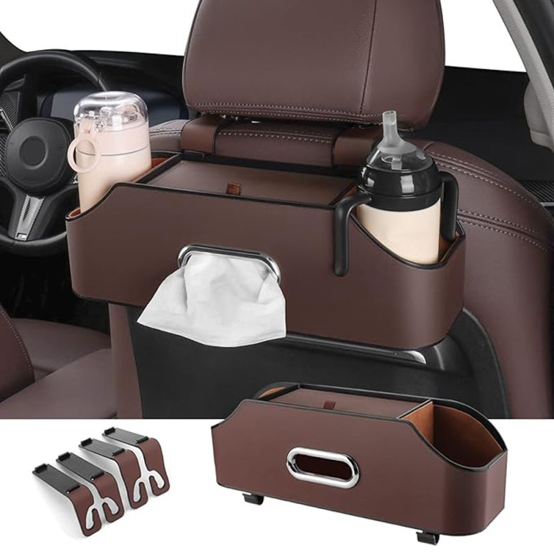 Car Seat Organizer: Black Leather Anti-slip Design - Multi-functional Storage Box With Cup, Phone Holders & 10 Kg Bearing Hooks for Car Travel & Family Trips - Image 3