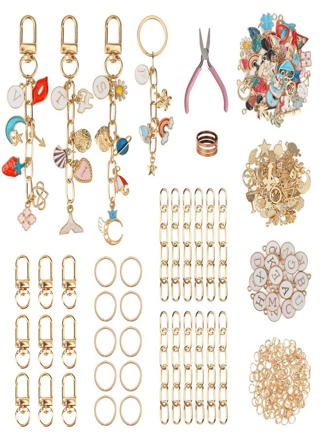 Starry 223Pcs Keychain Making Kit Bag Charm Kit 86 Charms 10 Keychain Clips with Key Ring Jewelry Plier,15 Extender Chain Swivel Snap Hooks Gold Charms 100 Jump Ring DIY Craft Supplies - Image 1