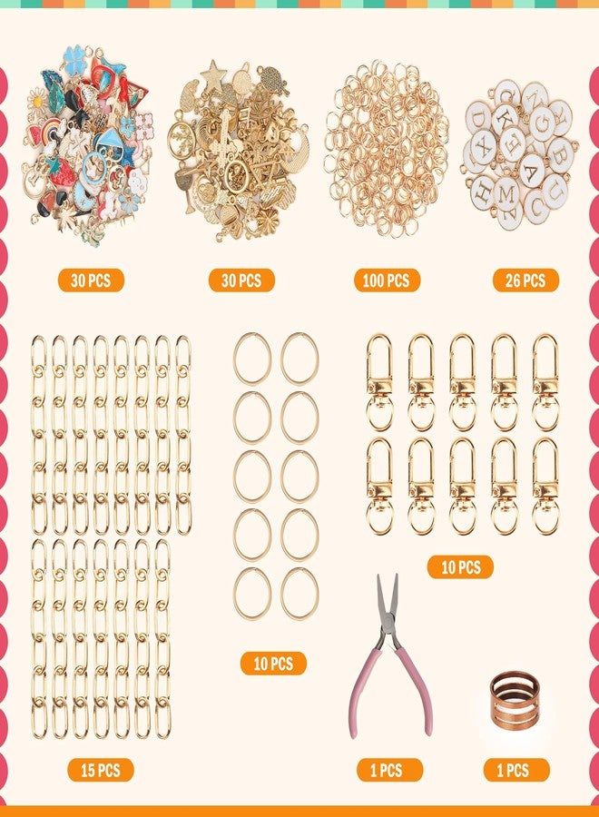 Starry 223Pcs Keychain Making Kit Bag Charm Kit 86 Charms 10 Keychain Clips with Key Ring Jewelry Plier,15 Extender Chain Swivel Snap Hooks Gold Charms 100 Jump Ring DIY Craft Supplies - Image 2