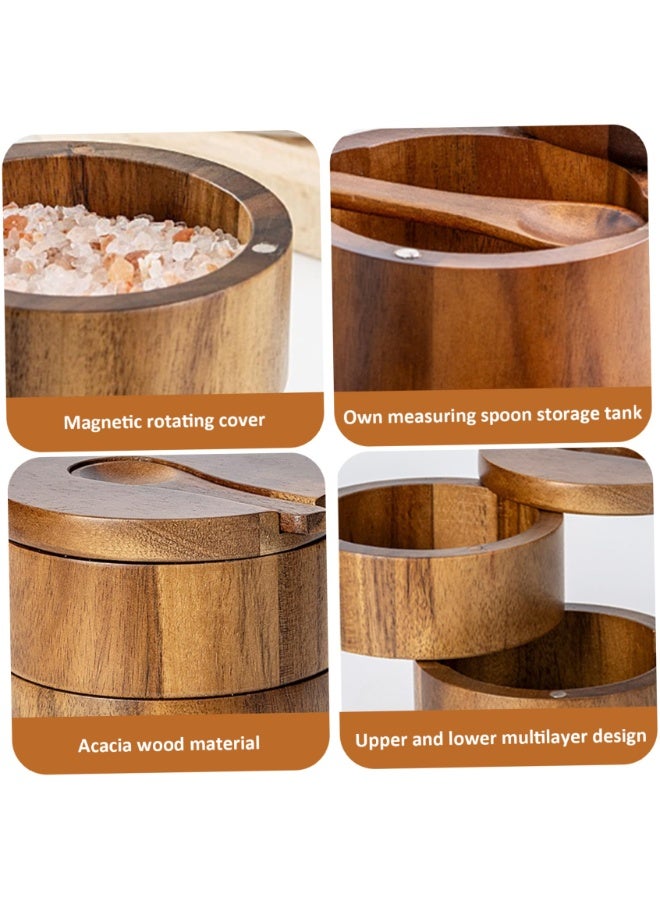 CMGTYYD. مِلحة مع غطاء دوار وملعقة، مِلحة خشبية مزدوجة مع غطاء، غطاء دوار مغناطيسي بتصميم دوار للتوابل والبهارات. - Image 4
