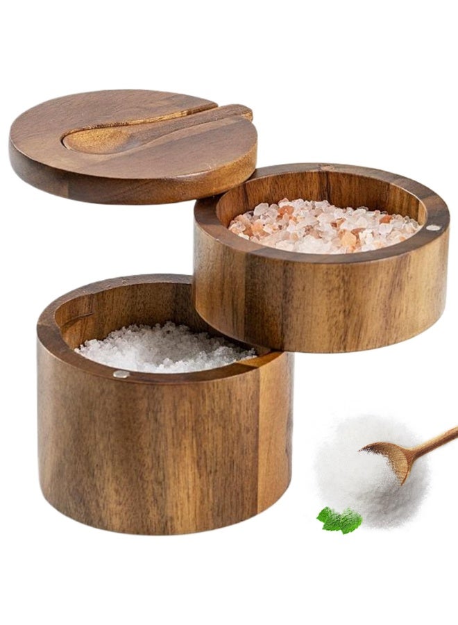 CMGTYYD. مِلحة مع غطاء دوار وملعقة، مِلحة خشبية مزدوجة مع غطاء، غطاء دوار مغناطيسي بتصميم دوار للتوابل والبهارات. - Image 1